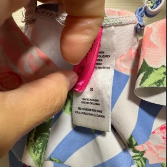 Betsey Johnson Blue Stripe Floral One Piece bathing Suit with Ruffle Trim - Picture 3 of 5